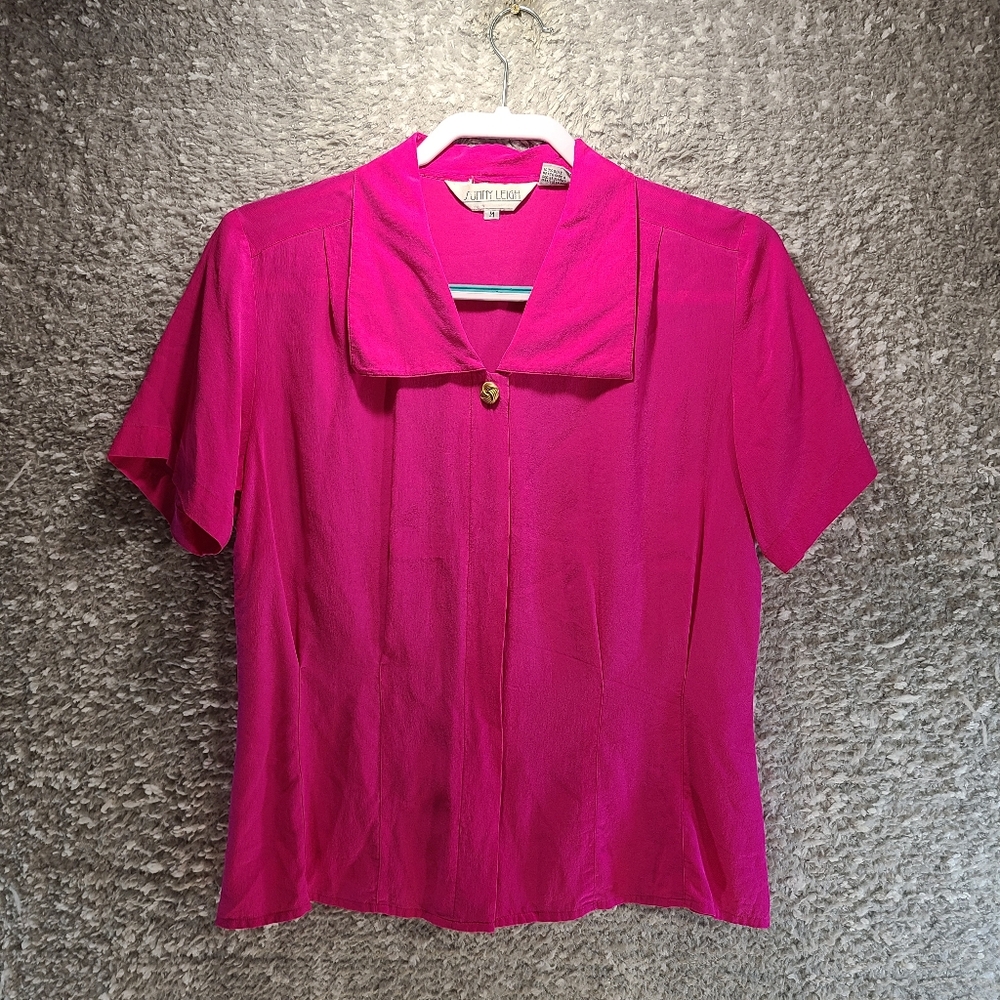 Sunny Leigh 100% Silk Button Up Collared Shirt Short Sleeve Blouse Hot Pink M